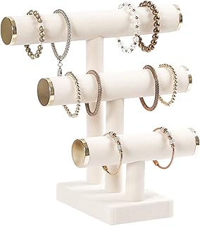3 Tier Bracelet Holder,Bracelet Display Stand with Metal Cap,Beige White Velvet Jewelry Organizer Displays for Necklace Scrunchies Watches Hair Ties.