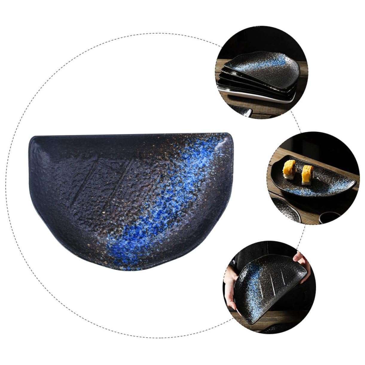 Assiette Demi-Lune Céramique Bleue Rétro pour Sushi et Snacks Plateau de Service pour Maison Restaurant et Hôtel Vaisselle Japonaise Élégante