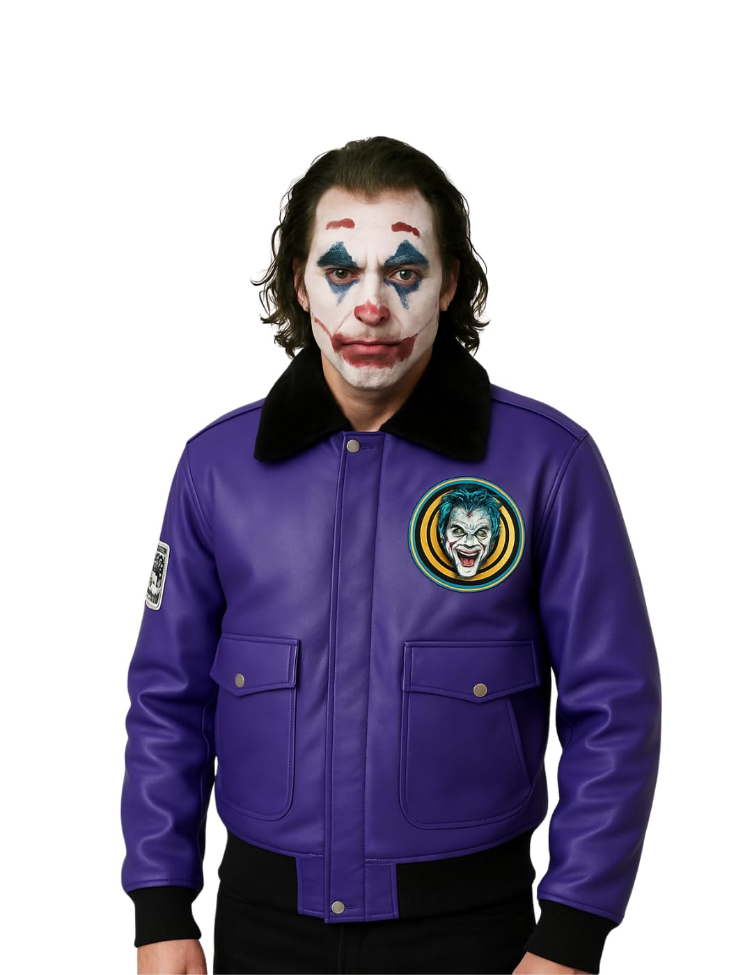 Leather Verse Men's Purple Jok3r Cosplay Faux Fur Collar Jacket villain Halloween Costume 2XS - 4XL