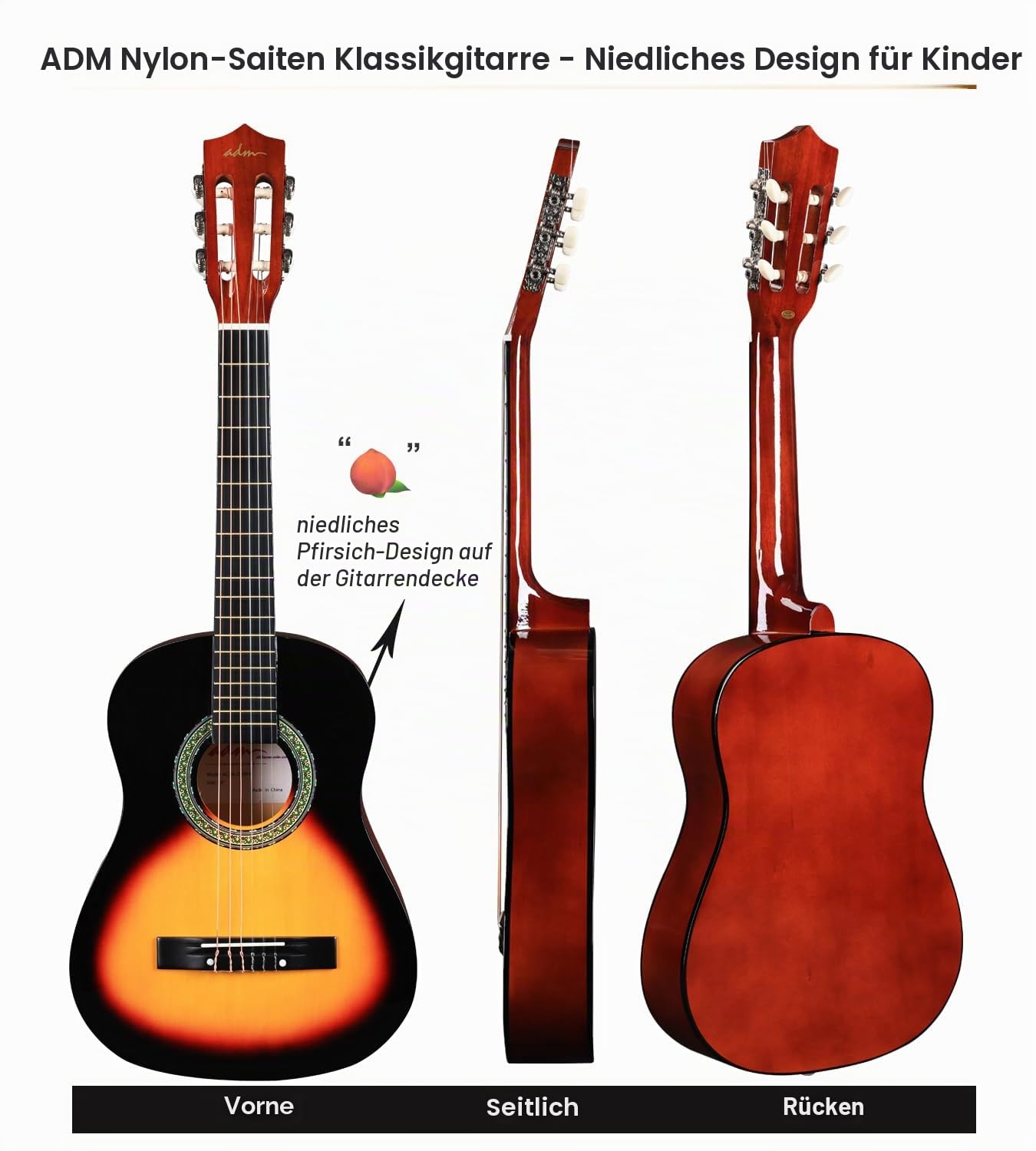 ADM 3/4-Größe Kinder-Konzertgitarren-Set, Junior-Gitarren-Set für Anfänger ab 9 Jahren, mit Tasche, Clip-Stimmgerät, Gurt, Plektren, zusätzlichen Saiten, Aufbewahrungstasche und Reinigungstuch (Peachy