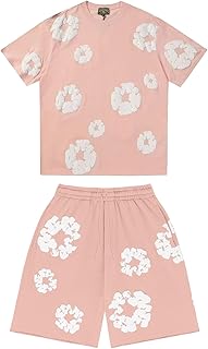 D T Juego de camiseta y pantalones cortos unisex de 2 piezas cómodo traje de verano de gran tamaño Chándal de dos piezas Chándal Deporte Ropa Deportiva Y2K Hip Hop Manga Corta Unisex Corona de Algodón