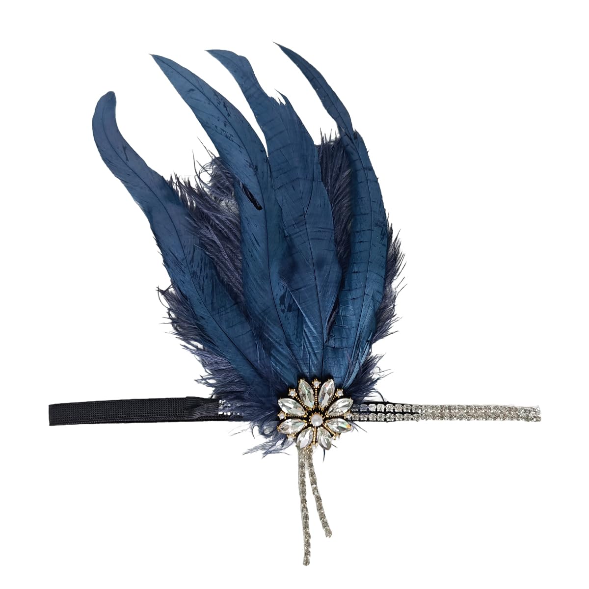 howkuhat Fascinators for Women Navy Headband 1920s Headband Great Gatsby Accessories Women Navy Fascinators for Weddings Vintage Feather Rhinestone Headpiece Wedding Accessories - Image 3