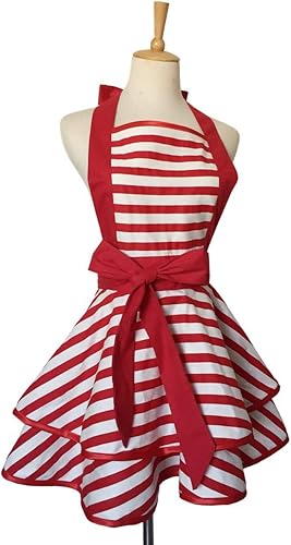 Miniatura 4 de Hyzrz Delantales retro de algodón hechos a mano para mujeres y niñas, delantal de cocina para tartas, cocina, para regalo de madre (rojo)