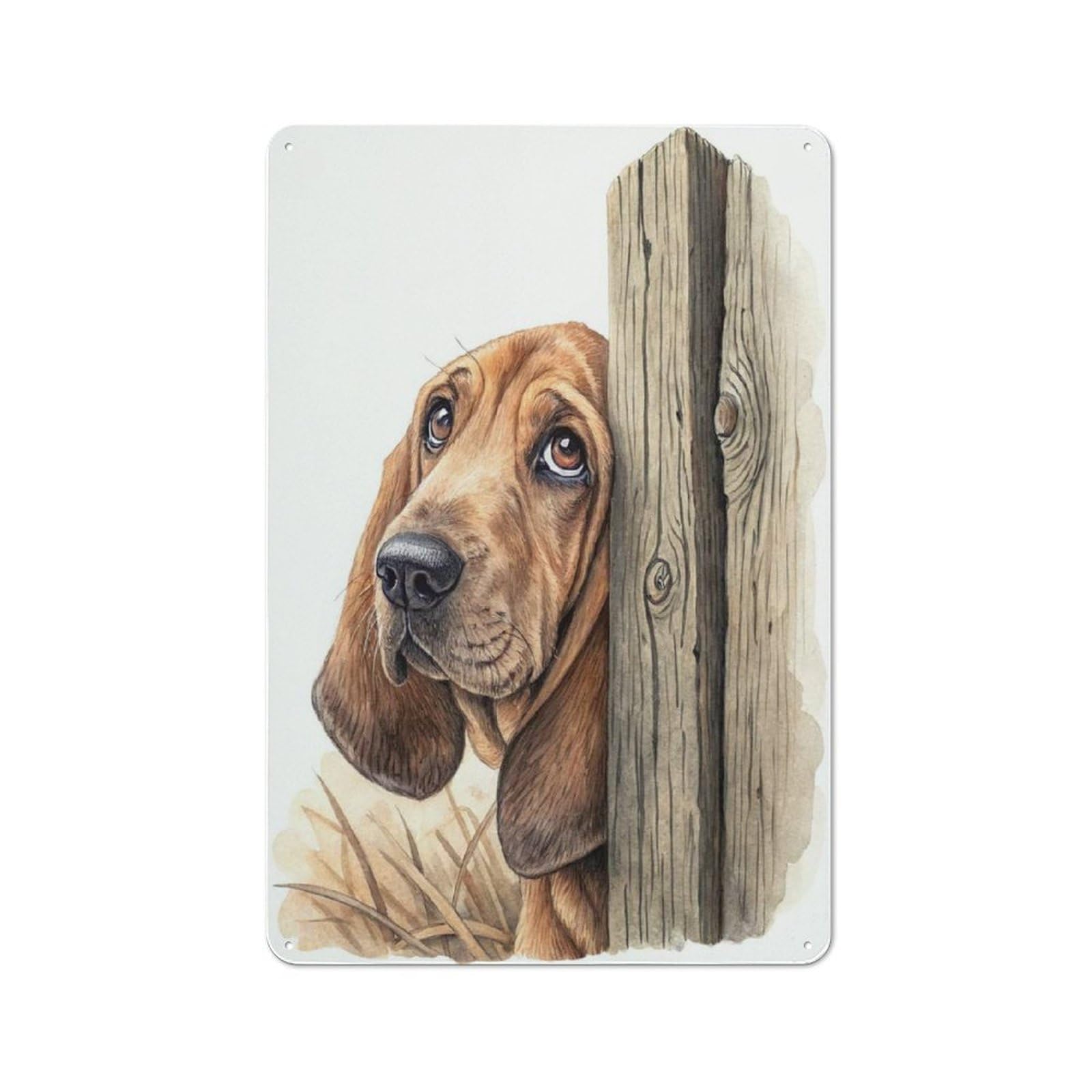 Sad Bloodhound Peeking Behind Fence Retro Metal Wall Sign 30x20cm for Hobby Room Or Studio, for Garage, Workshop And Man Cave Decoration