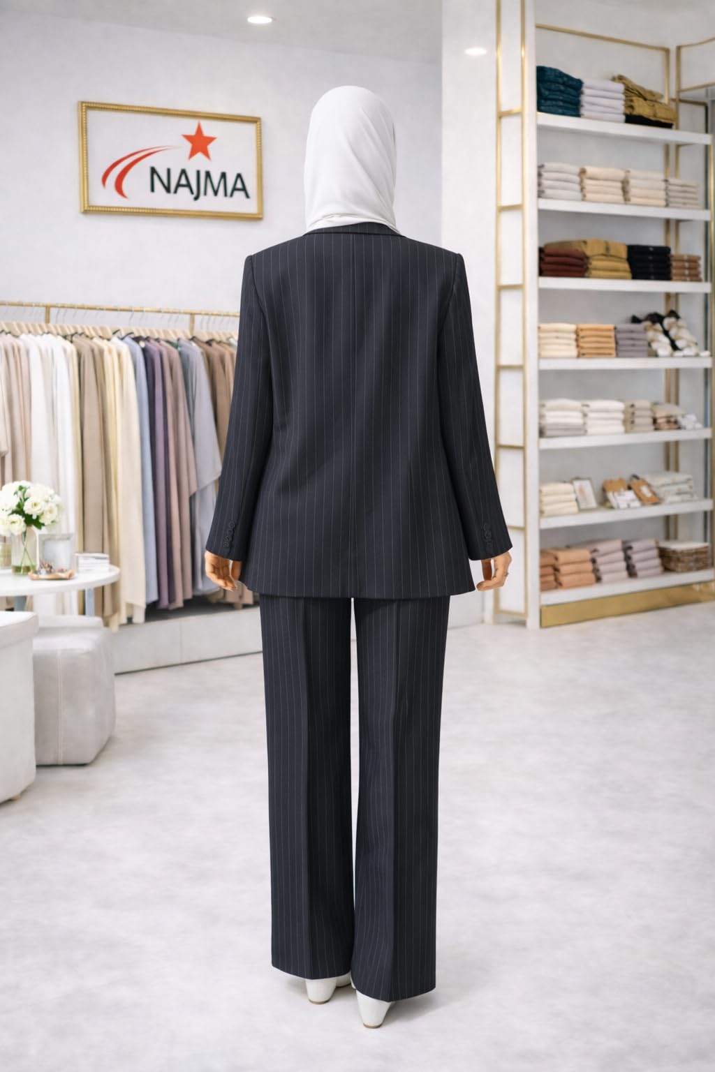 Tailleur Femme Élégant 2 Pièces Rayé – Blazer Ceinturé Structuré et Pantalon Large Fluide – Ensemble Chic