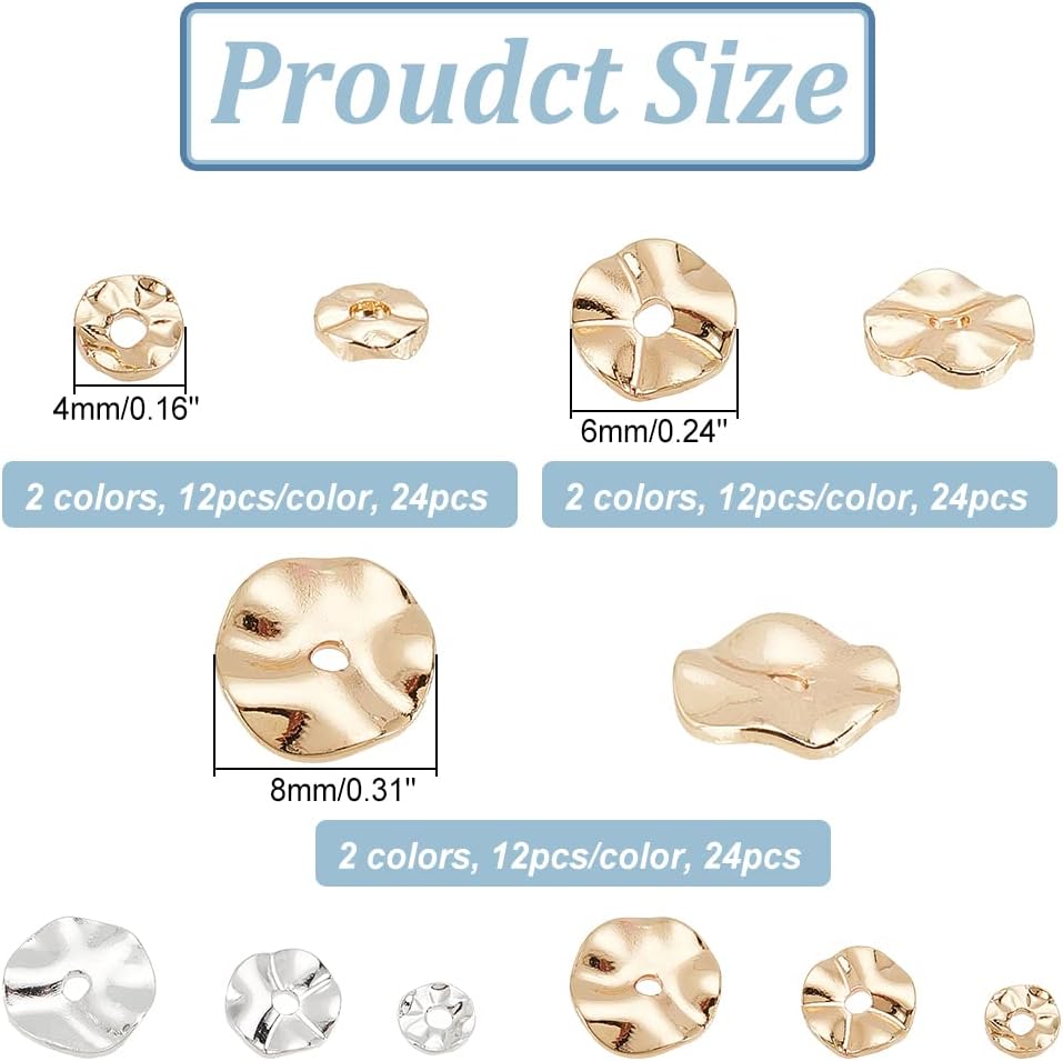 BENECREAT 72 Pcs Brass Spacer Beads 6 Styles Gold and Silver Disc Spacer Beads, 4/6/8mm Wavy Disc Beads for Jewelry Making DIY Craft Bracelet Necklace, Hole Diameter: 1.2mm - Image 2