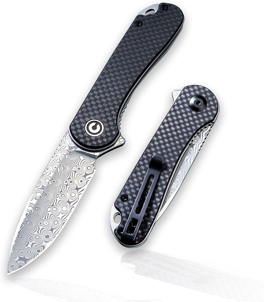 Elementum Damascus Pocket Knife - Lightweight Folding Knife 2.96" Blade,Black G10 Handle with Carbon Fiber Overlay,Good for Camping Outdoor C907DS