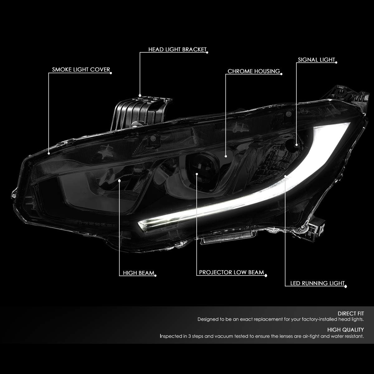 DNA Motoring HL-OH-HC16-SM-CL1 Pair Smoked Housing LED DRL Headlight [for 16-18 Honda Civic]