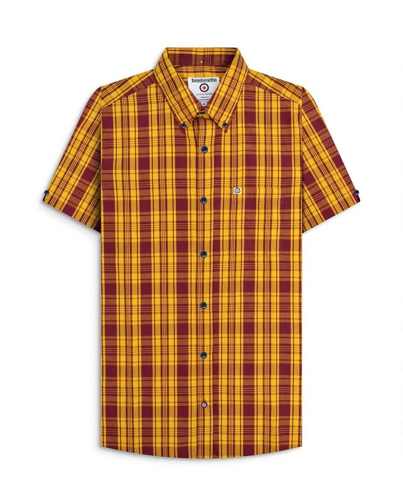 Lambretta Men's Burgundy/Gold Checked Short Sleeved Button Down Shirts (Uk, Alpha, 3XL, Regular, Regular, )