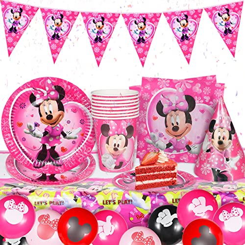 Minnie Mouse Geburtstagsdeko, 52pcs Gebutstag Party Set, Minnie Luftballons,Party Dekoration liefert Becher Servietten Pappteller Pappbecher für 8 Kinder Cover