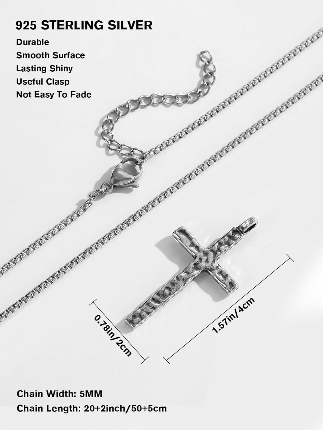 925 Sterling Silver Cross Necklace for Men, 1.57 Inch Oxidized Antiqued Cross Pendant with 20+2 Inch Adjustable Steel Box Chain, Vintage Style Cross for Men Women - Image 6