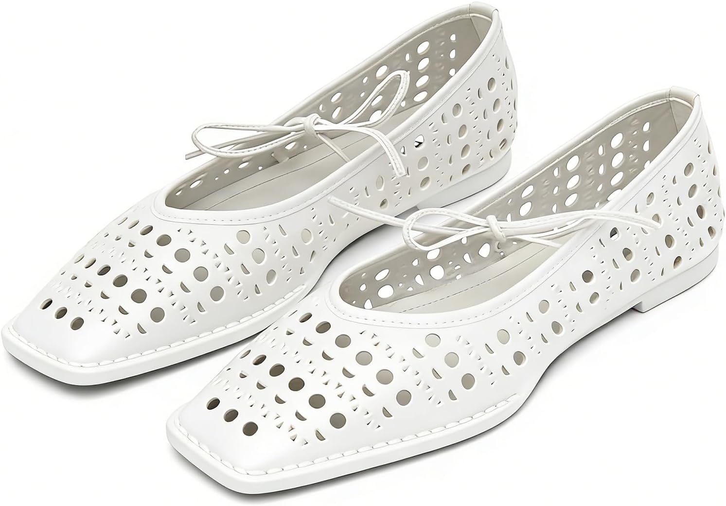 Seborluys Lace Up Ballet Flats for Women Square Toe Mary Jane Flats Bow Slip On Leather Comfortable Ballerina Shoes