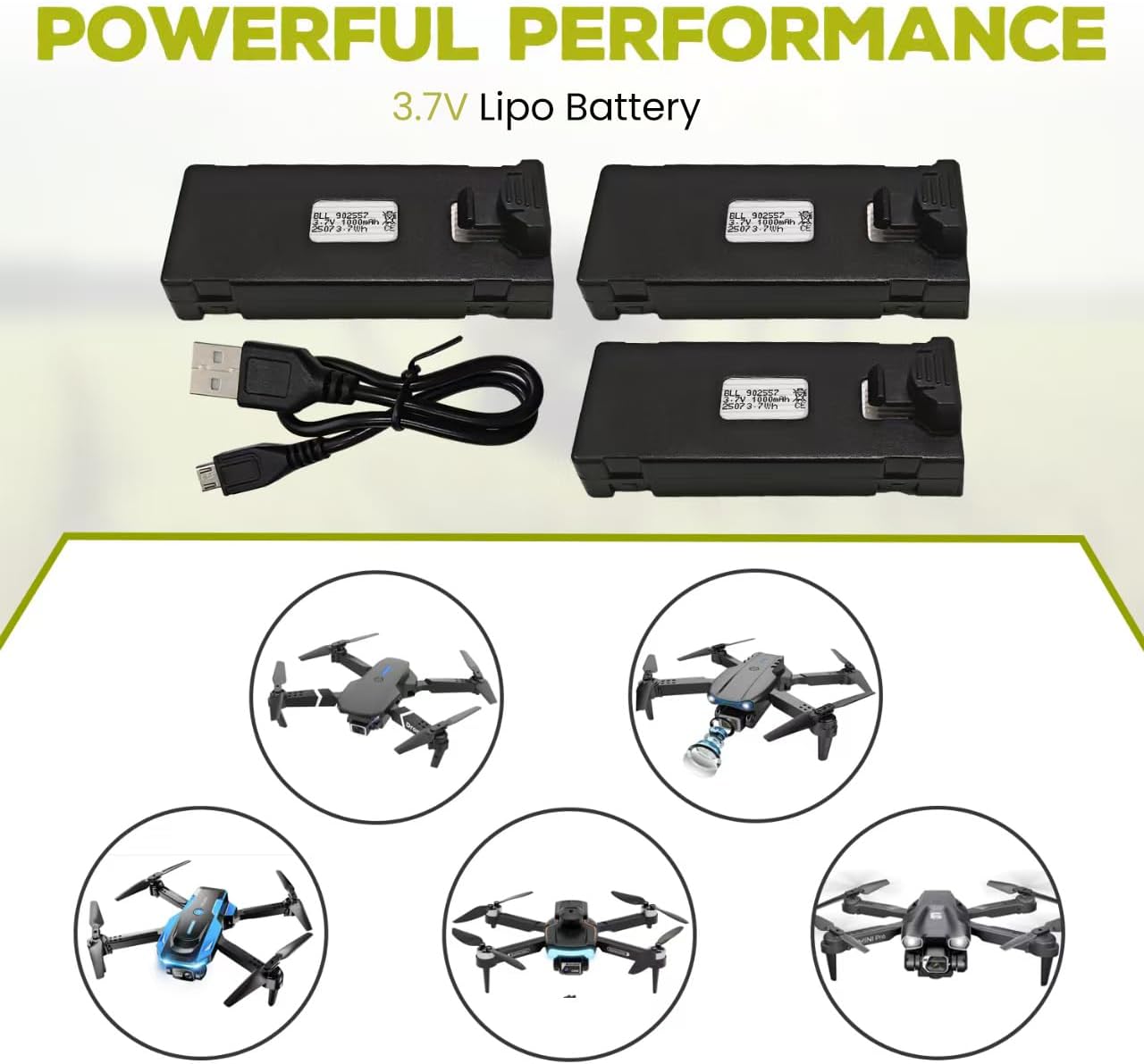 Fytoo 3PCS 3.7V 1000mAh Lipo Battery with 1PCS USB Charging Cable for E88 E88MAX E99 E99MAX BD101 P15PRO P8 A13 A15 K10MAX RC Drone Battery Aerial Photography Quadcopter