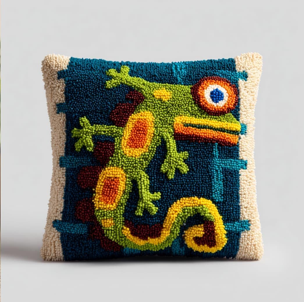 WallustrioaW Latch Hook Pillow Case Kits,Lizards 17X17 Inch Latch Hook Cushion Cover Kit,Knitting Kits Cushion for Adults Rug Making Kit for Starters