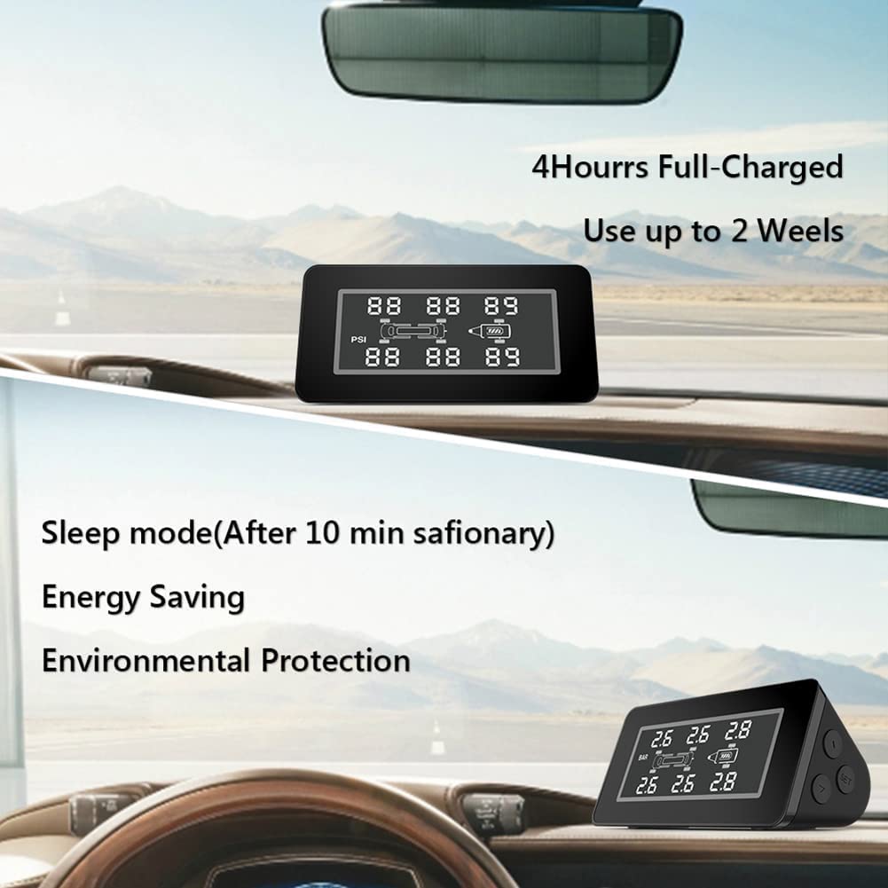 RUONIAN TPMS System monitorowania ciśnienia w oponach zasilanych energią słoneczną, z 6 zewnętrznymi czujnikami, wyświetlaczem LCD w czasie rzeczywistym i funkcją alarmu do kamperów, samochodów