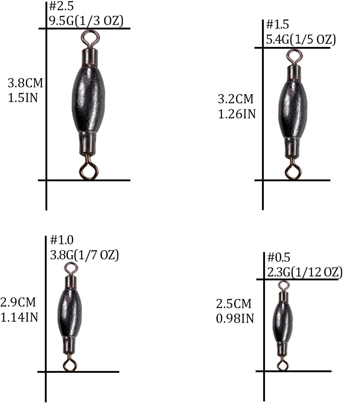 THKFISH Inline Fishing Weights Inline Sinkers Fishing Weights Sinkers with Inner Swivels 1/3oz 1/5oz 1/7oz 1/12oz Pack of 20 : Sports & Outdoors