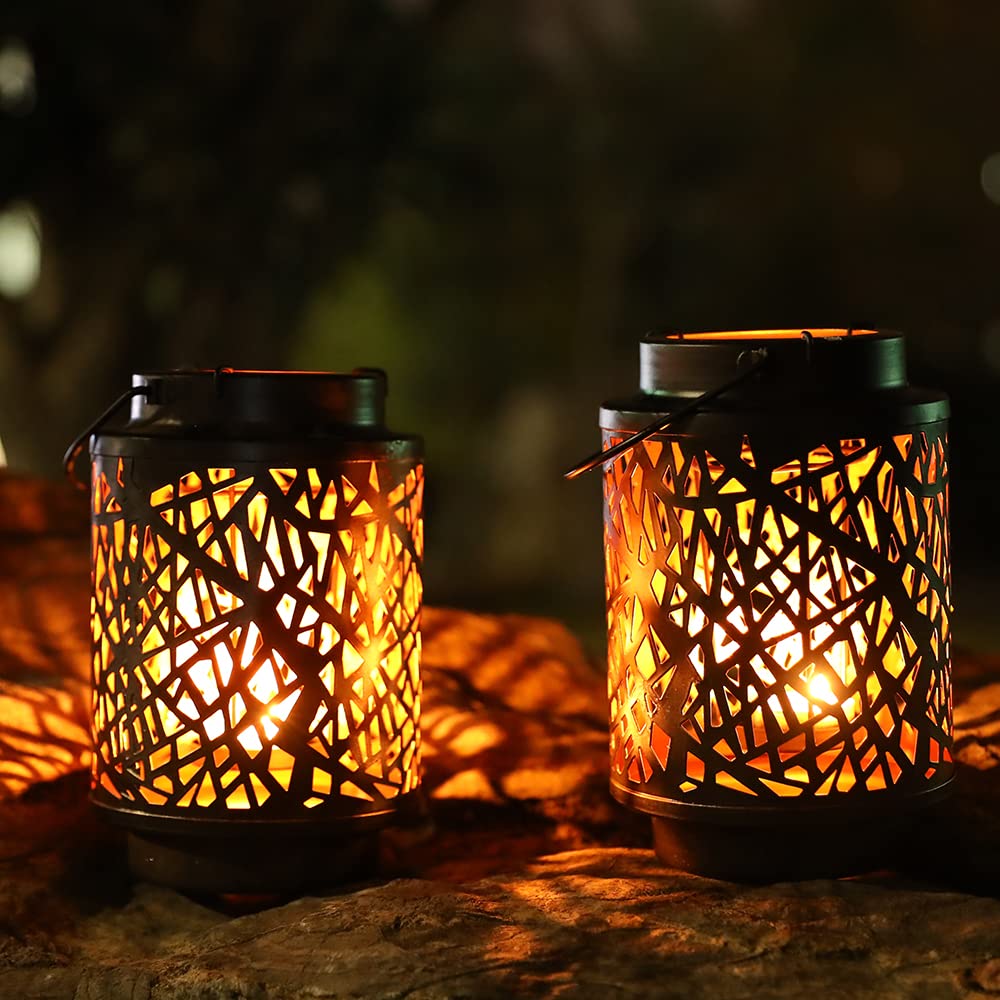 JHY DESIGN Set of 2 Metal Hanging Candle Lanterns 6.5" H Hanging Metal Candle Holders with Handle for Patio Garden Outdoor Walkway Yard Landscape Park Lawn(Hollow Branch)