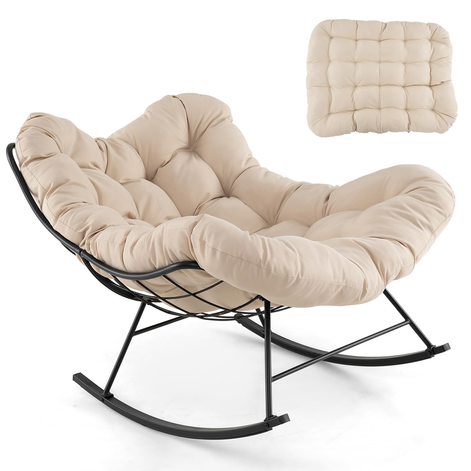 RELAX4LIFE Mecedora, sillón balancín con cojín acolchado y marco de metal, silla de relax soporta hasta 205 kg, silla mecedora extragrande para jardín, dormitorio, salón, 110 x 95 x 94 cm (beige)