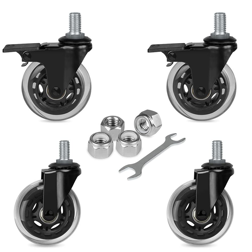 Hirate 3" Swivel Caster Heavy Duty Industrial Castors with Threaded Stem 1/2"-13 Locking Casters Replacements for Furniture DIY Tools with Nylon Lock Nuts(2 with Brakes & 2 Without)