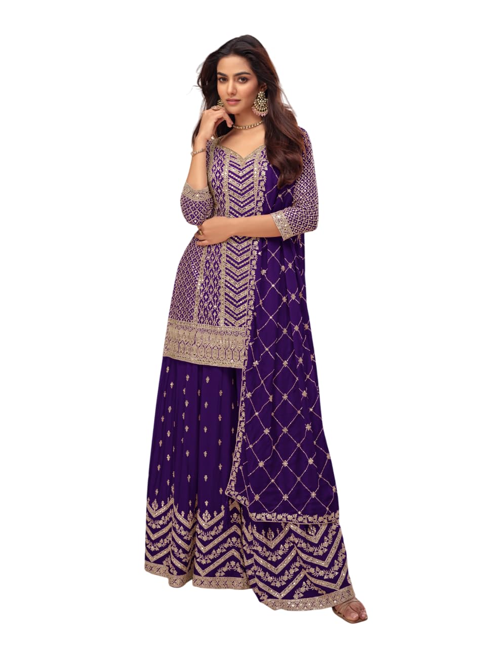 Womens Chinon Embroidery Partywear sharara Style Festival Wear Stitched Kurta Plazzo and Duppata Set- 2855