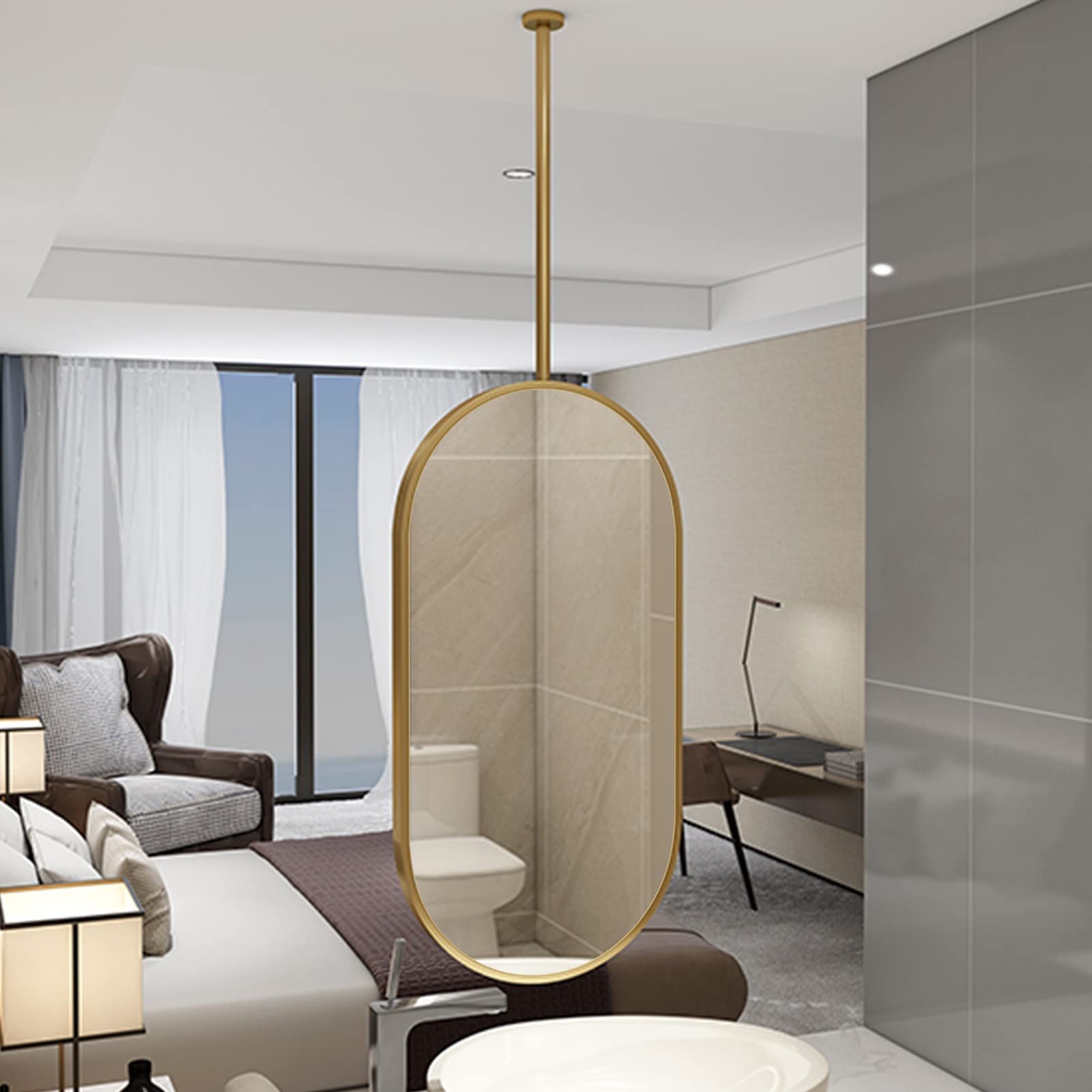 Sufitowe wiszące pływające lustro łazienkowe, owalna złota metalowa rama i wysięgnik do montażu na suficie, lusterka do makijażu w łazience Lusterka do golenia dla hotelu Nowoczesne dekoracy