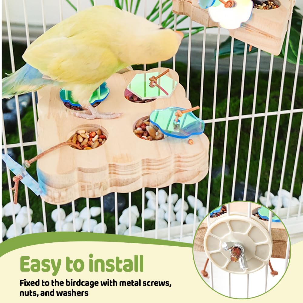 DONGKER Wooden Bird Foraging Puzzle Toys,Multiple Uses Parakeet Feeder Perches Stand with Custom Acrylic Lid for Macaw Sun Conure Small Sized Birds - image 3