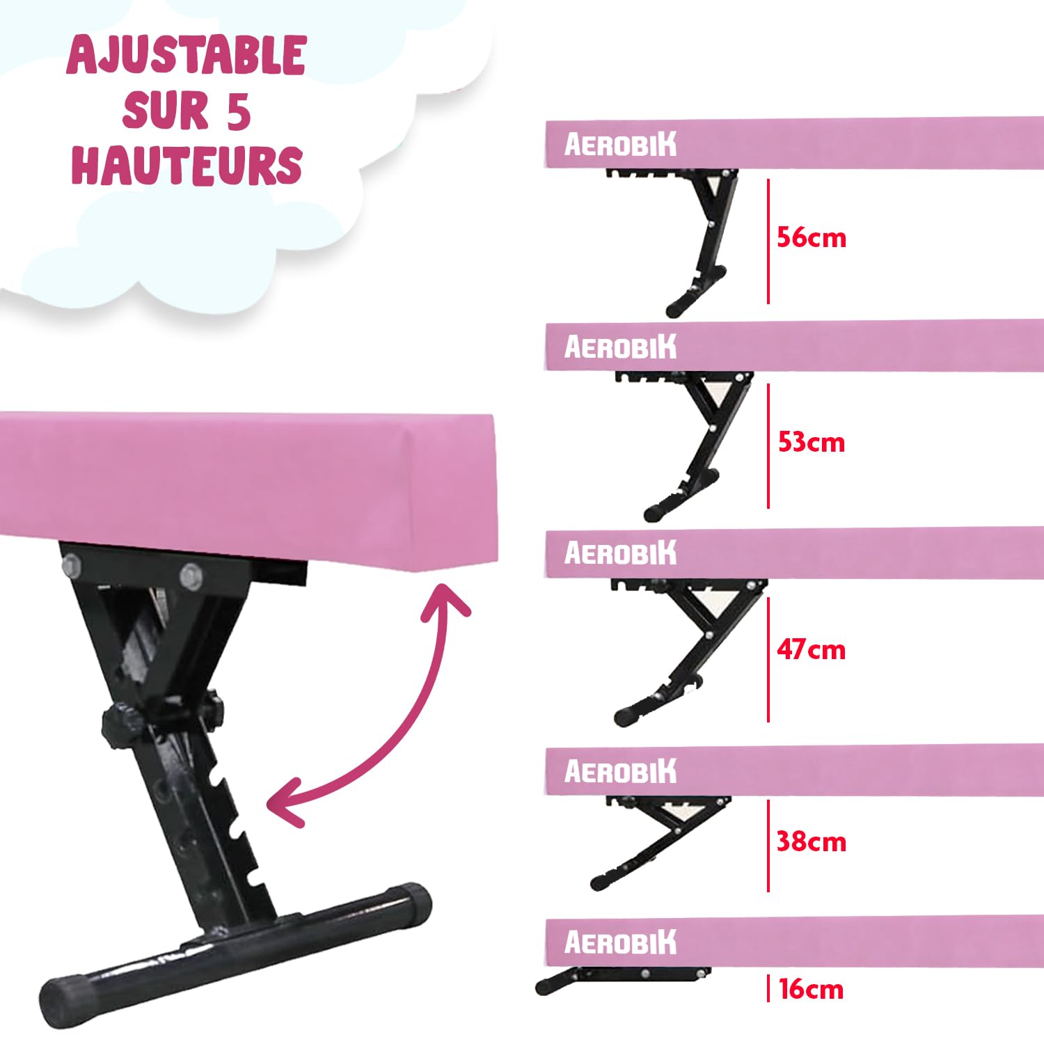 Original Cup Aerobik Poutre de Gymnastique Rose pour Enfants | Hauteur Réglable sur 5 Niveaux de 16,5 à 56,5 cm | Montage Facile et Sécurité Maximale | Antidérapante
