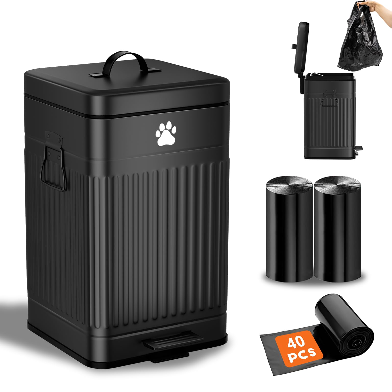 Cubo de basura para excrementos de perro en el exterior, cubo de basura de metal de 12 L/3.1 galones con tapa, pedal de pie, contenedor de residuos para perros con 40 bolsas de residuos