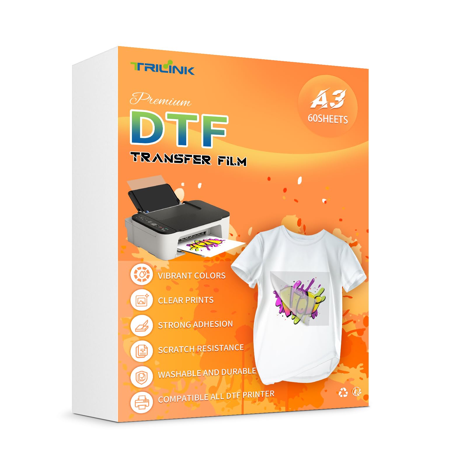 TRILINK DTF Transfer Film Paper A3 (29.7 x 42 cm), 60 Sheets Premium PET Direct to Film Transfer Paper for DTF Printers