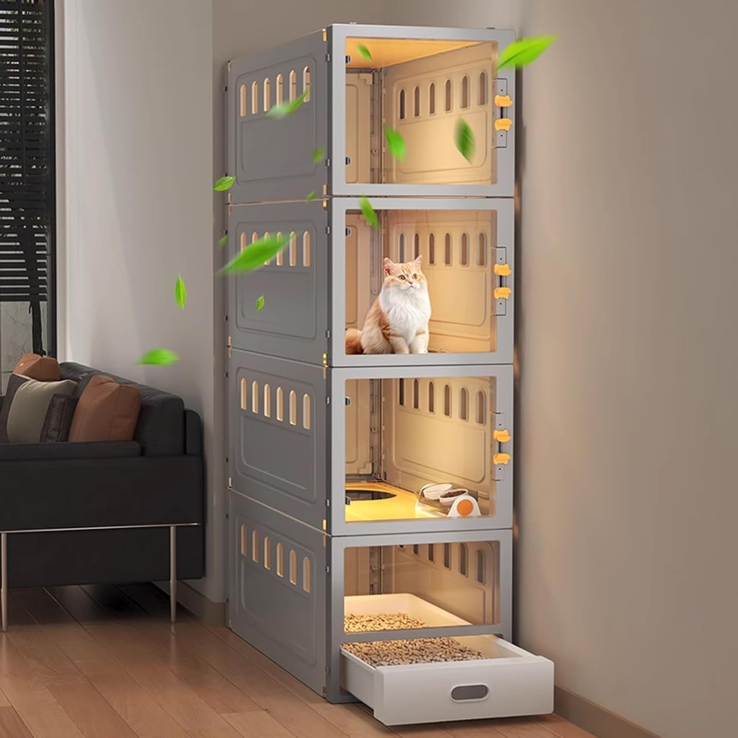 Multi-Level Indoor Cat Cage with Litter Box DIY Detachable Design PP Panels Pet Playpen with Doors for 1-3 Cats Rabbits Small Animals, Easy Clean(Gray,40x56x84cm)