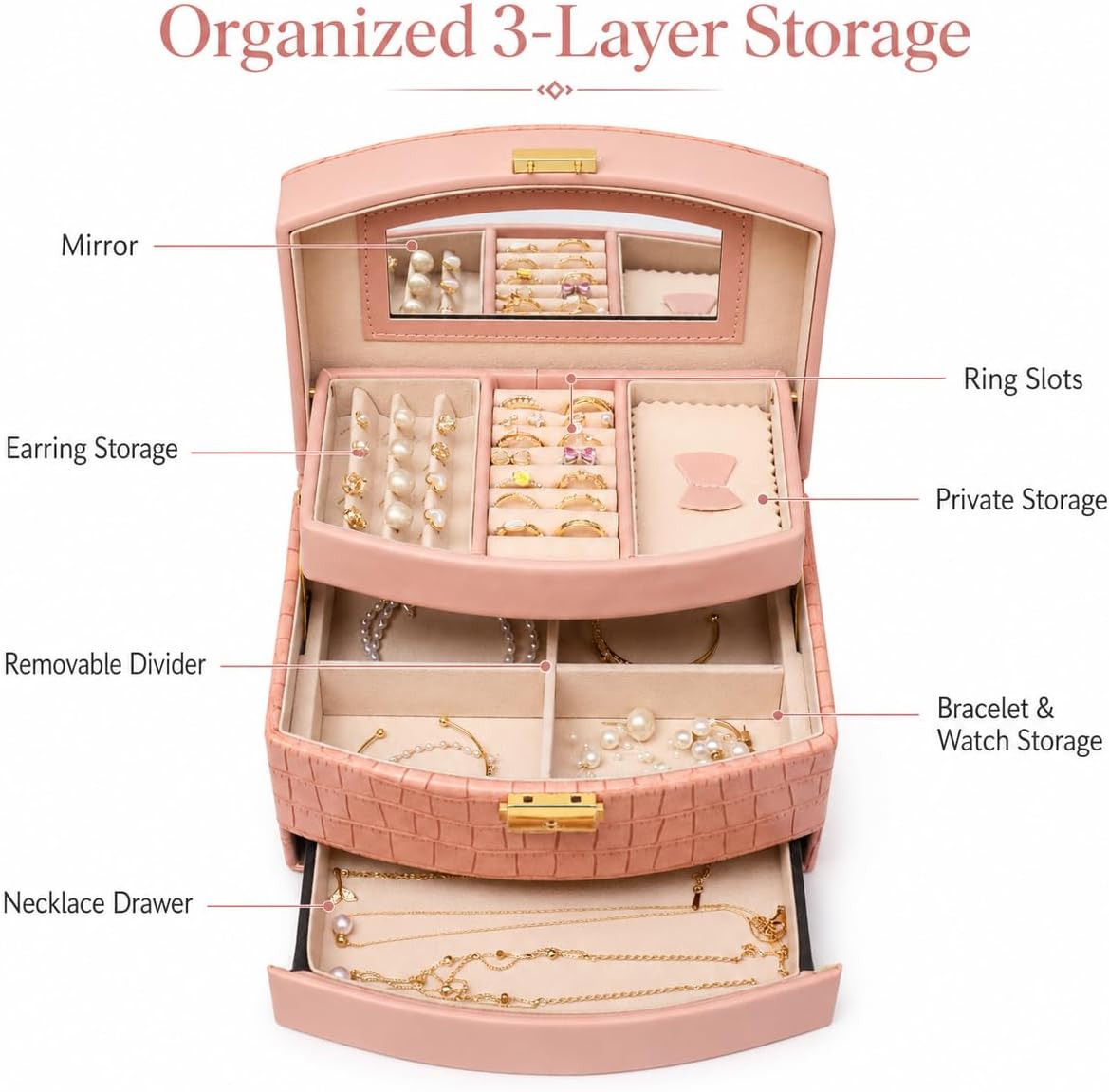 3 Layer Jewelry Box for Women with Mirror & Secure Lock(Pink) image 3