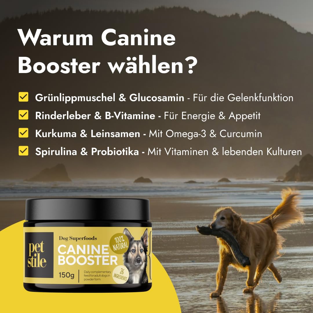 Canine Booster – Complément pour Chiens Adultes avec Moule Verte, Curcuma et probiotiques – Améliore mobilité, Digestion, Peau, Pelage, renforce l’immunité et Plus Encore
