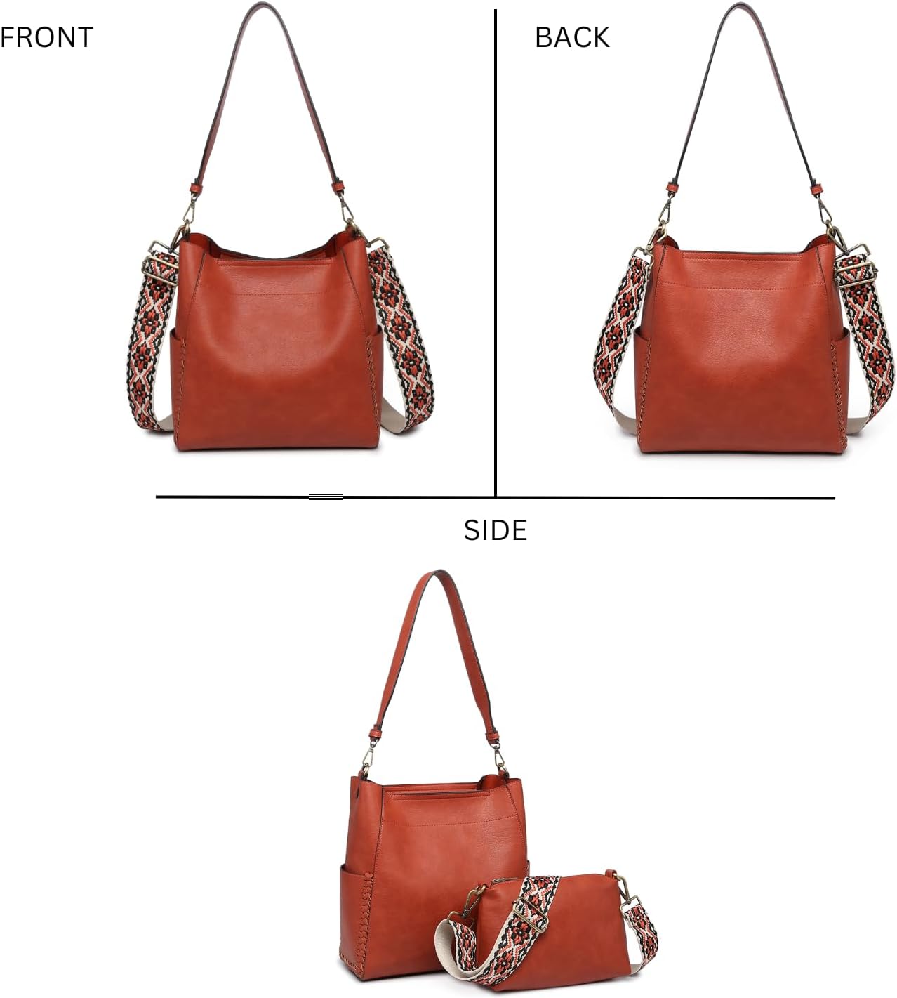 JEN & CO. Penny Vegan Leather Bucket Bag 2-in-1 Crossbody Shoulder Handbag Purse for Women with Adjustable Guitar Strap