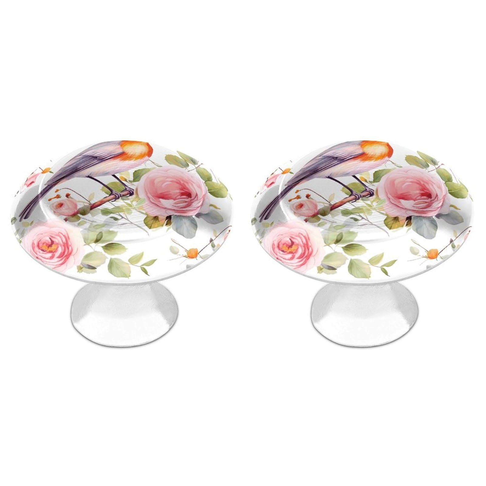 Floral Print Watercolor Robin Bird Cabinet Handles 2 Pack Stainless Steel Kitchen Drawer Pulls with Installation Screws Round Dresser Drawer Knobs 1.1 Inch Modern Cabinet Hardware Door Handles