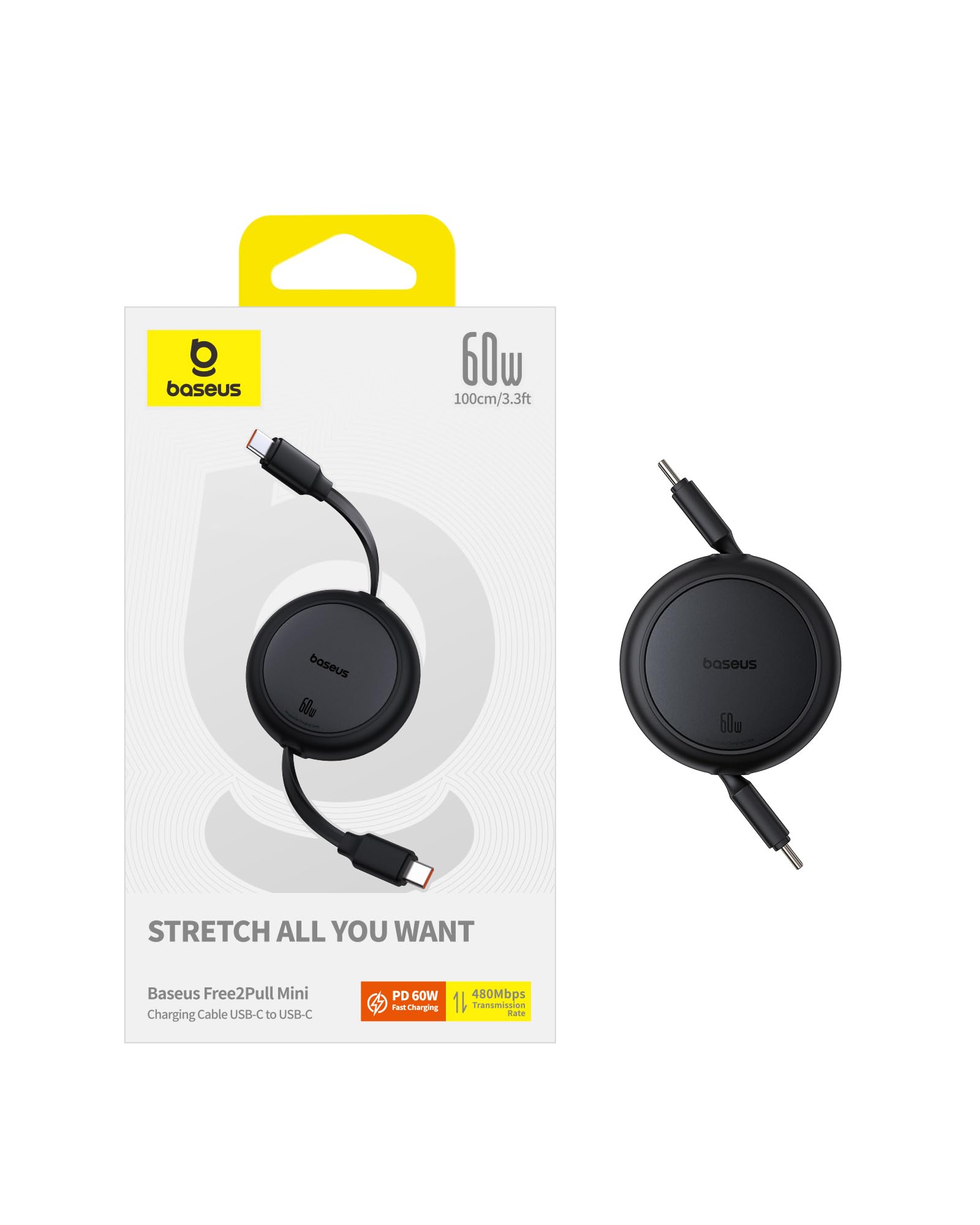 Baseus Zwijany kabel USB C na USB C, 60 W, 1 m, mini, zwijany, do iPhone'a 17, 16, 15, 14 Pro, Galaxy S25, S24 Ultra, MacBook, iPad Pro, przenośny, czarny