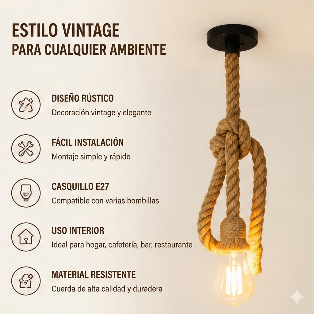 Genérico KKhome Lámpara Colgante de Cuerda de Cáñamo, Casquillo E27, Pack 2 | Estilo Náutico, Cable de 1,5 m, Uso Interior