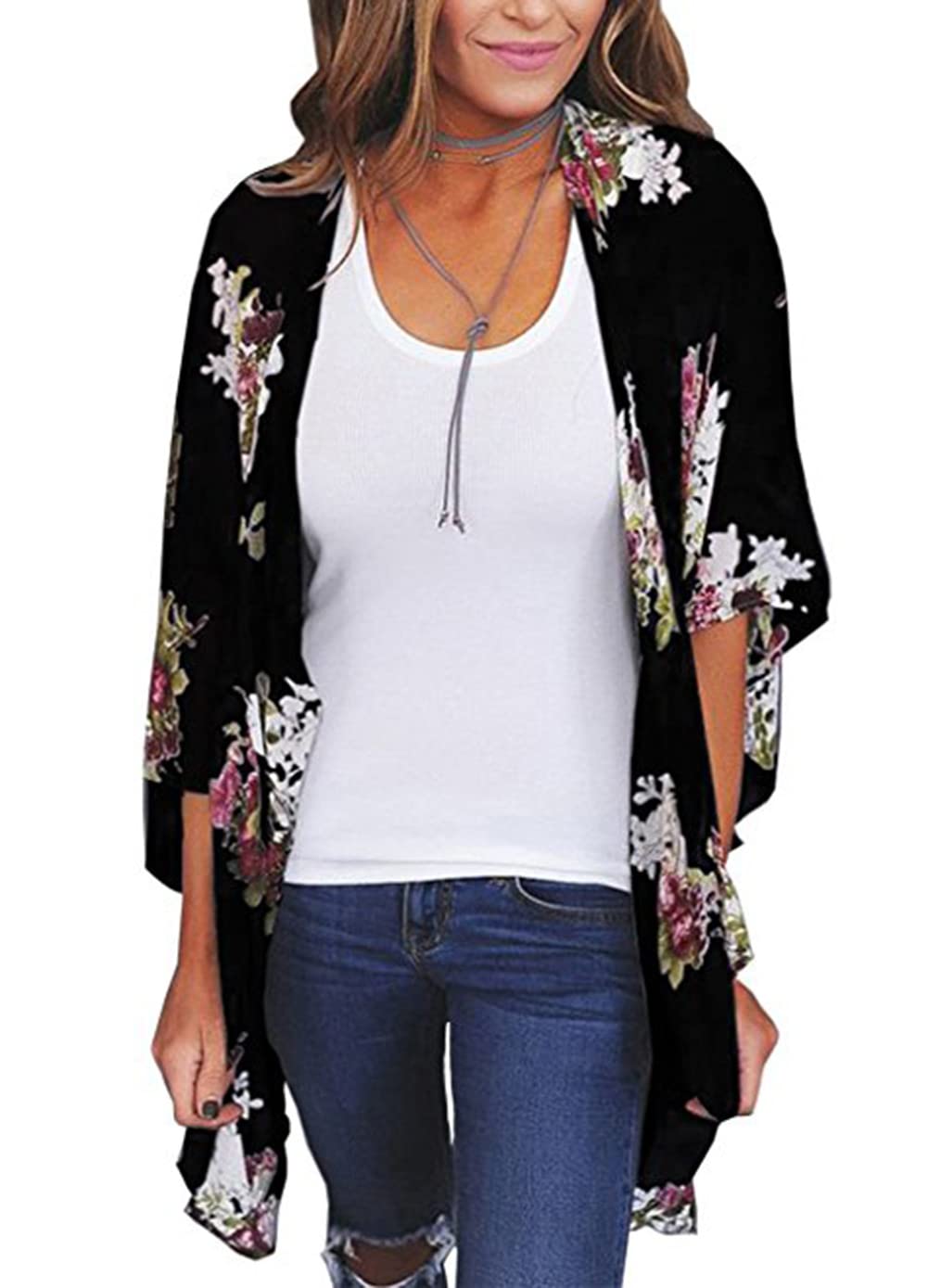 YULOONG para Mujer Cover Ups Gasa Estampado Floral Kimono Suelto Chal cárdigan Boho Verano Blusa Informal Top Sexy Playa Traje de baño Capas