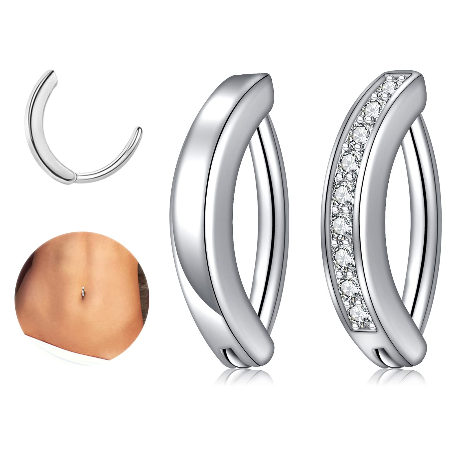 Incaton14G Clicker Belly Button Ring Surgical Stainless Steel Hoop Subtle Belly Button Rings For Women Reverse Curved Navel Barbell Piercing