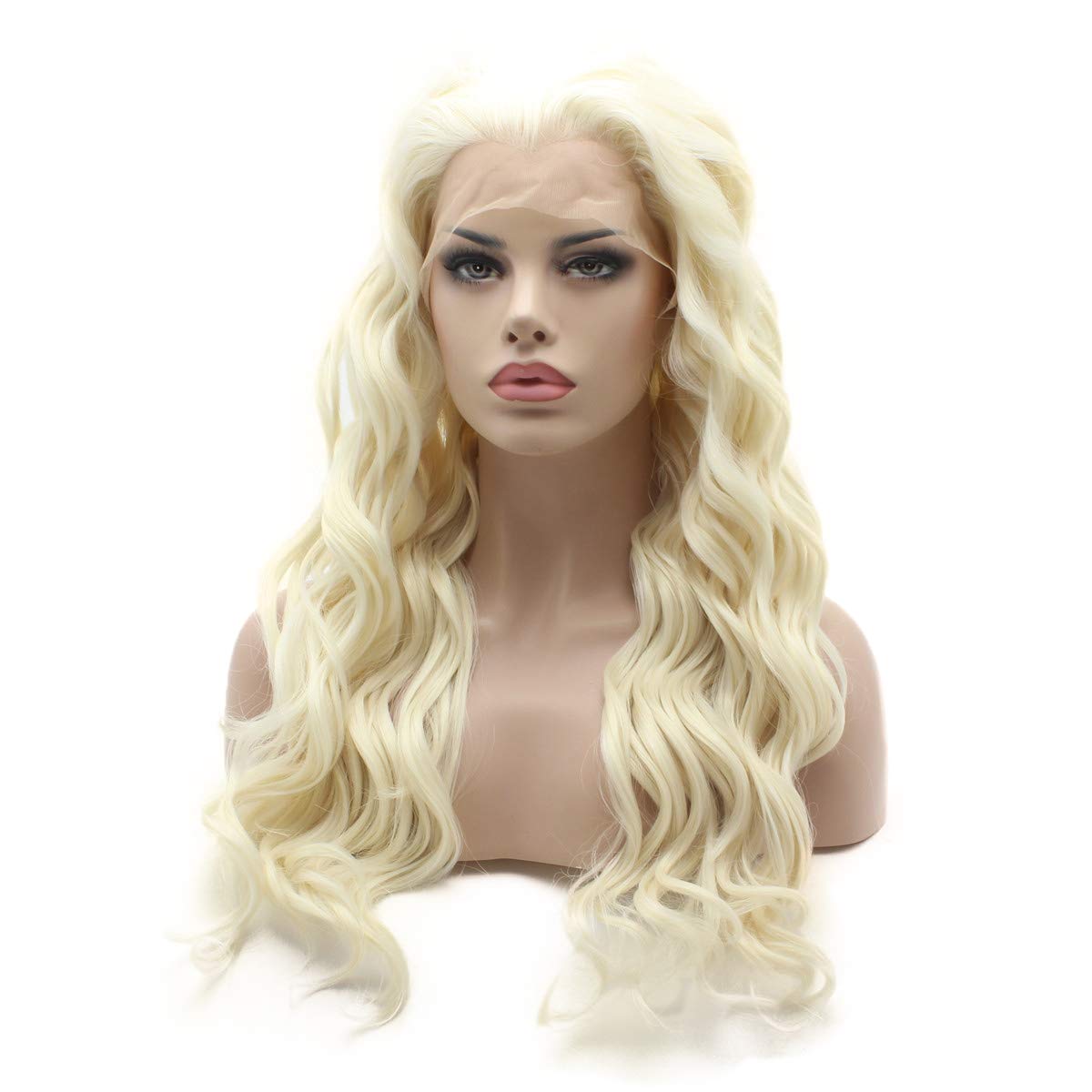 Lushy Long 24inch Wavy Light Blonde White Mix Wigs Heat Resistant Heavy Density Realistic Synthetic Lace Front Wigs