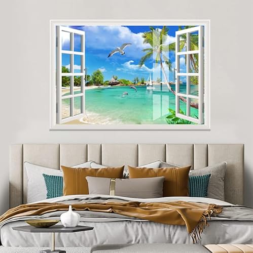 Sijifacai 3D Fake Windows/Waterproof Wall Stickers/Self -Stick Wall Murals /3D Murals -Seagull Sailing Boat, Creative Window Scene Wall Decoration - 50"X35" #TOP3