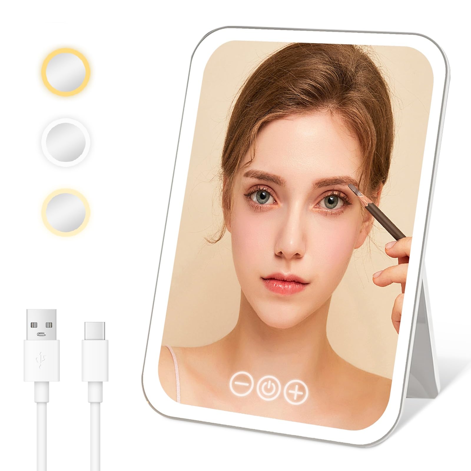 Cuteefun Espejo Maquillaje con Luz, Espejo Aumento Iluminado en 3 Colores, 5 Velocidades de Atenuación TáCtil, USB Recargable, Espejo de Mesa LED Plegable para Dormitorio, de Viaje