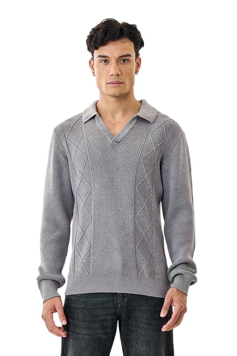 snitch Men's Sweater | Textured Knit V-Neck with Diamond Pattern | Lightweight Cotton Blend Regular Fit Full Sleeve Pullover for Casual & Winter Wear Grey-picture-31