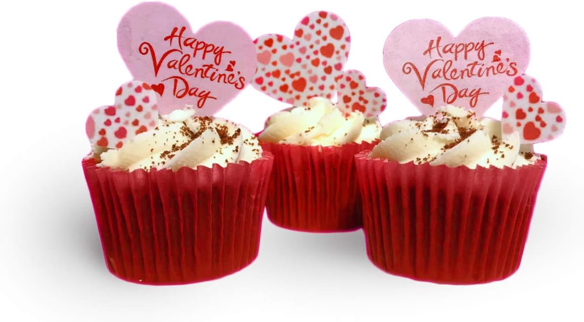 24 Precut Mixed Design/Size Valentines Day Heart Shaped Edible Wafer Paper Cupcake Toppers/Table Decorations