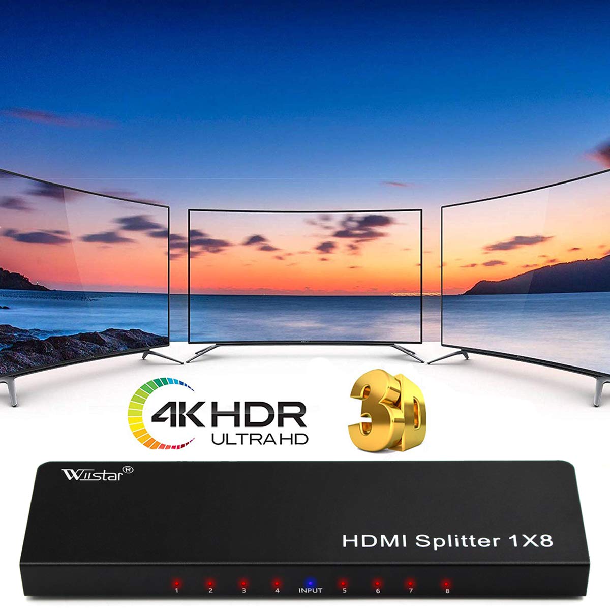 Wiistar HDMI Splitter 1 in 8 Out 4K@30Hz 8 Port HDMI Audio Video Distribute Splitter 1x8 Support HD 1.4V 1080P 3D for Xbox PS3/4 Roku Blu-Ray Player TV