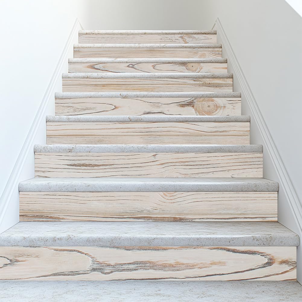 PLIGREAT 15 tiras adhesivas para escaleras con vetas de madera, extraíbles y adhesivas, 18 x 100 cm, en vinilo autoadhesivo para escaleras de madera rústica, decoración de pared para casa y hotel