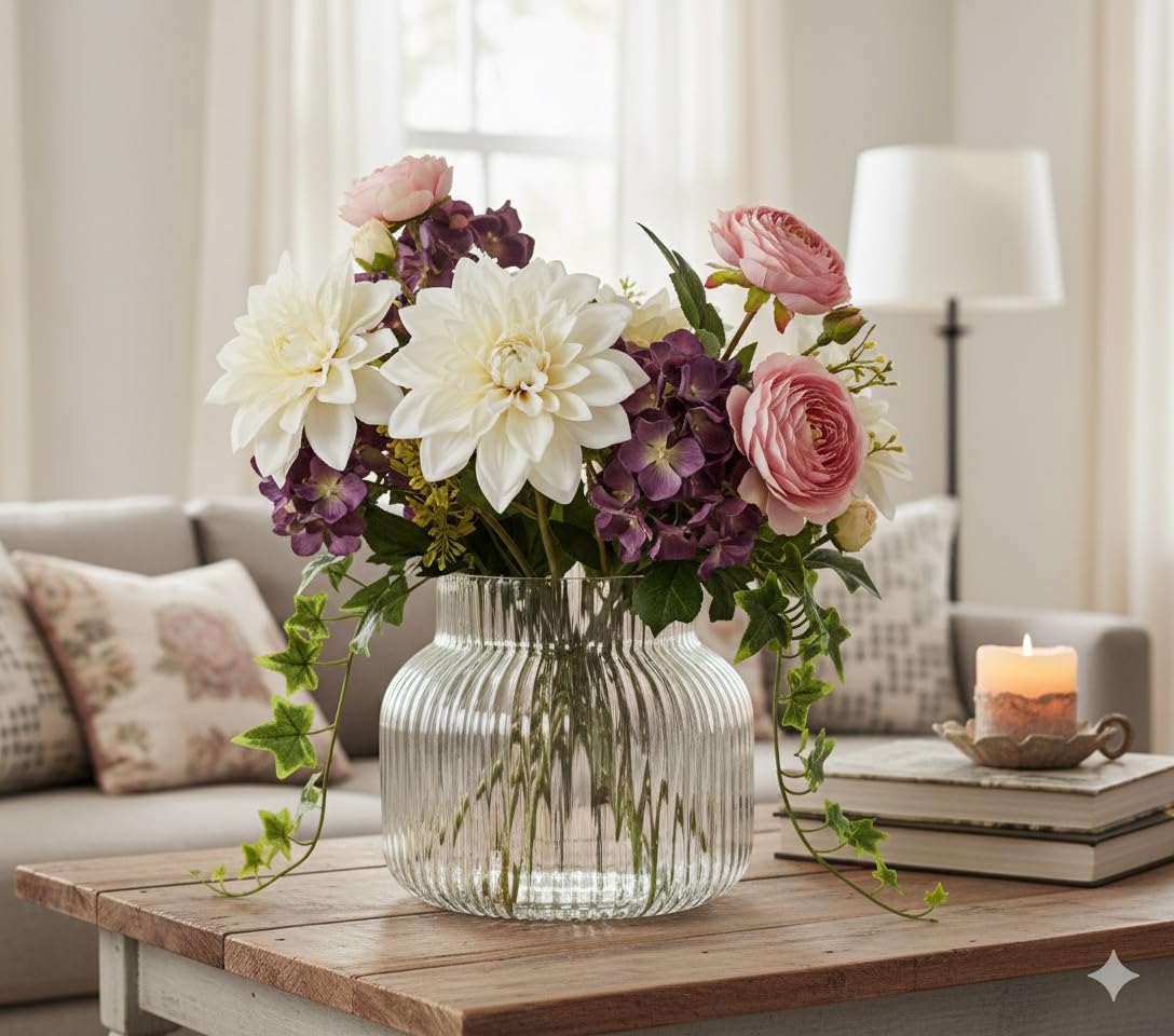 DAZZLEBERRY Mini Glass vase Ribbed Style Modern Decorative Vases Home Decor | Table Centerpiece | Dining Table | Wedding Arrangements (4 inch Height, 5 inch Width Clear Vase Too Small in Size)