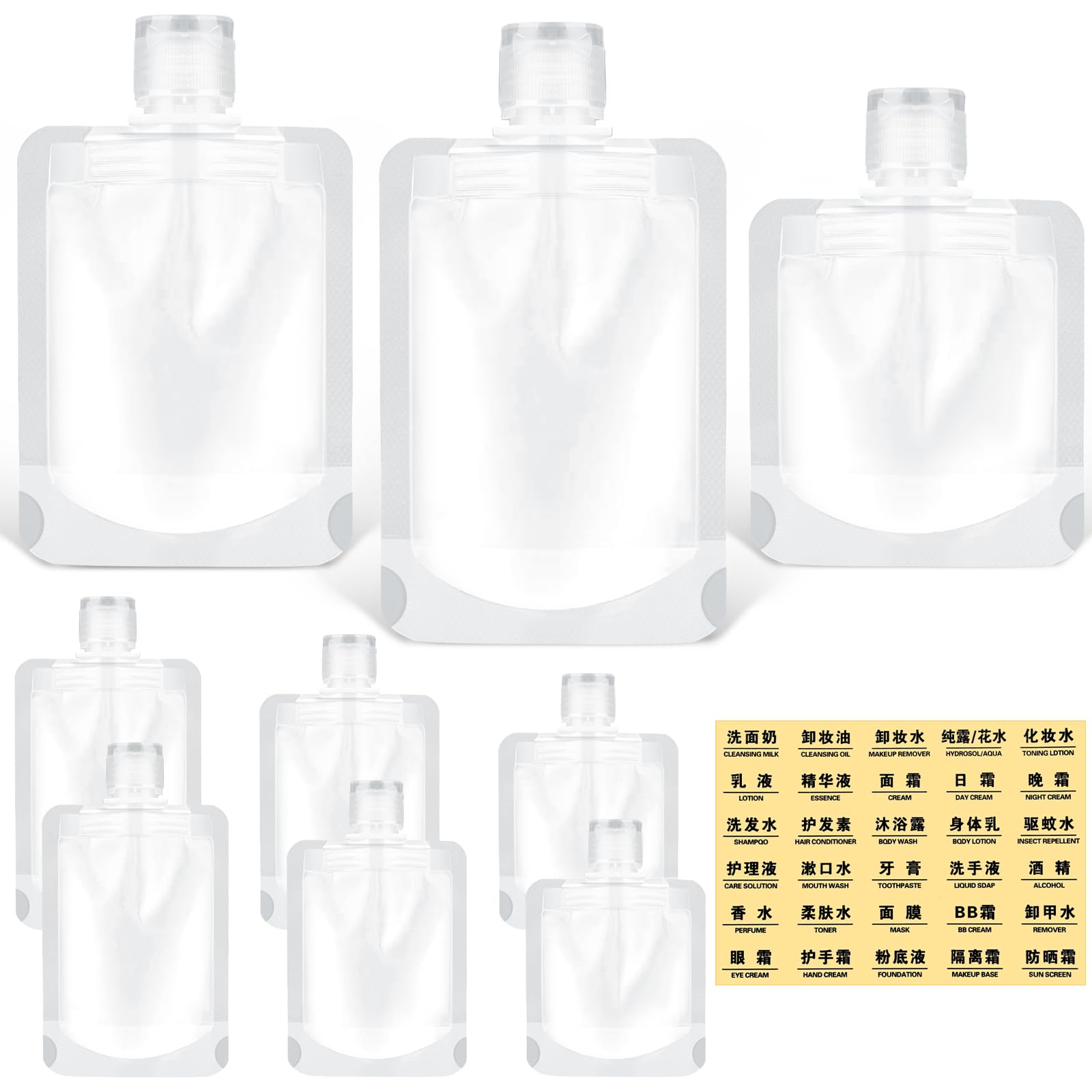 12 sacchetti da viaggio per articoli da toeletta, sacchetti portatili per cosmetici liquidi, ricaricabili, contenitori da viaggio per shampoo, balsamo, lozioni (30 ml/50 ml/100 ml), Trasparente, 3