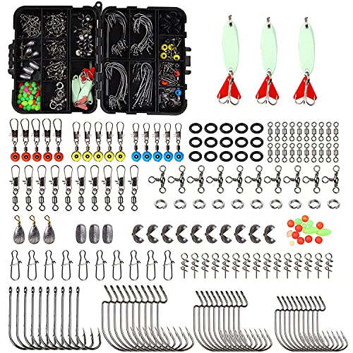 Angelzubehör-Set mit 204-teiligem Tackle Box Set inkl. Haken, Angelsinker, Drehknöpfe, Sinker Slides, Wacky O-Ringe…