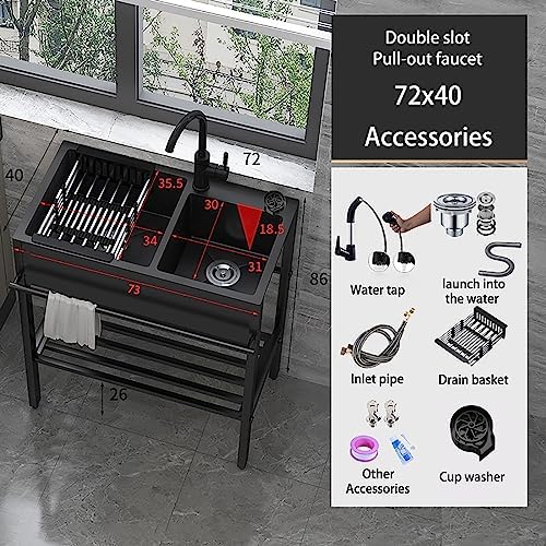 Workstation Sink, Black Kitchen Sink,304 Stainless Steel Sink with Drain Strainer and Accessories,Pressurized Cup Washer,Workstation Kitchen Sink with Pull-Out Faucet (Size : 80x45x86cm, Color : Hot