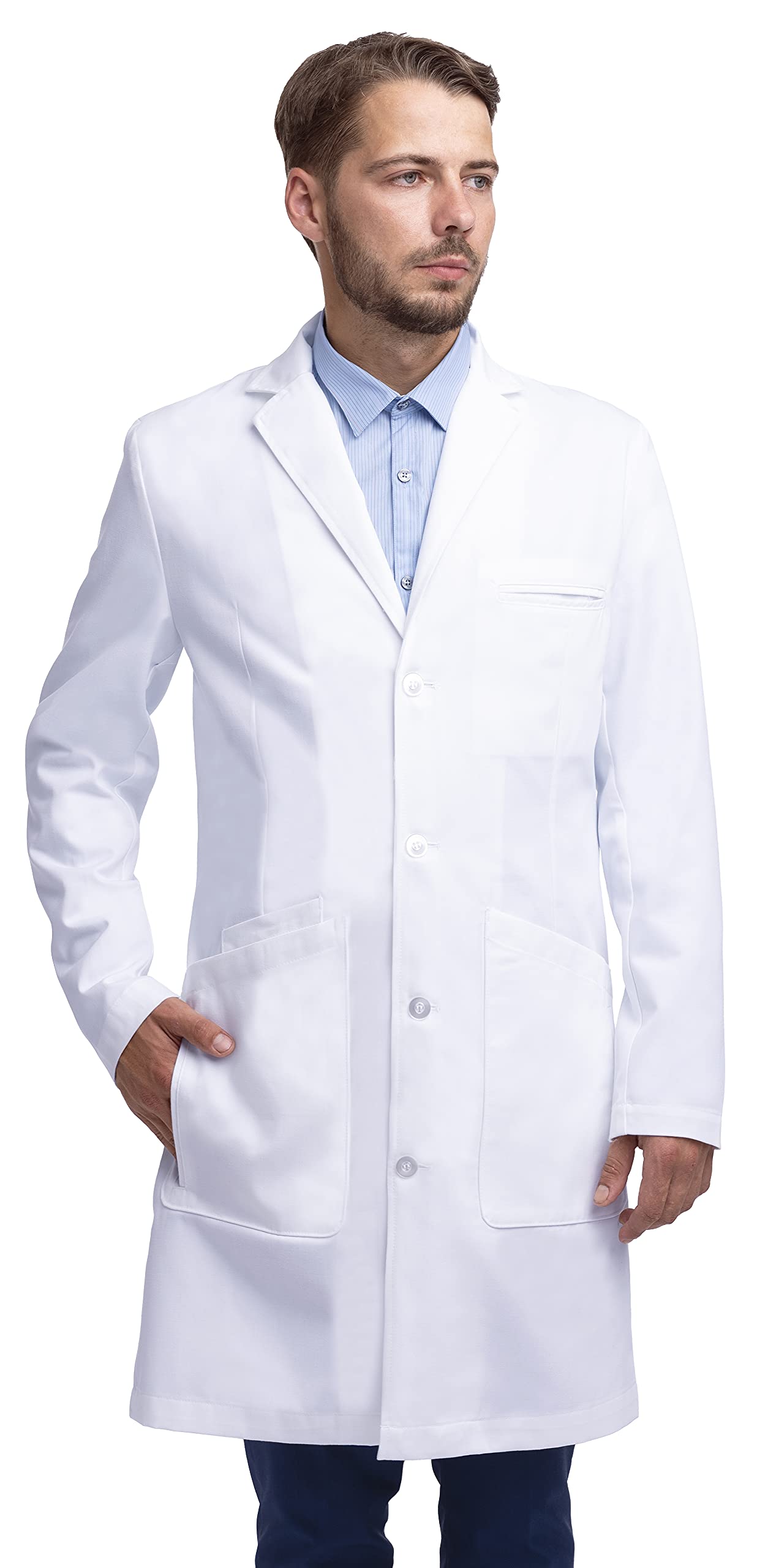 Dr. James profesjonalny fartuch laboratoryjny dla mężczyzn, częściowo dopasowany krój, wiele kieszeni, biały (XXL)